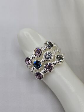 Swarovski Crystal Elements Silver Statement Ring Multicolor Size 8 Purple Blue